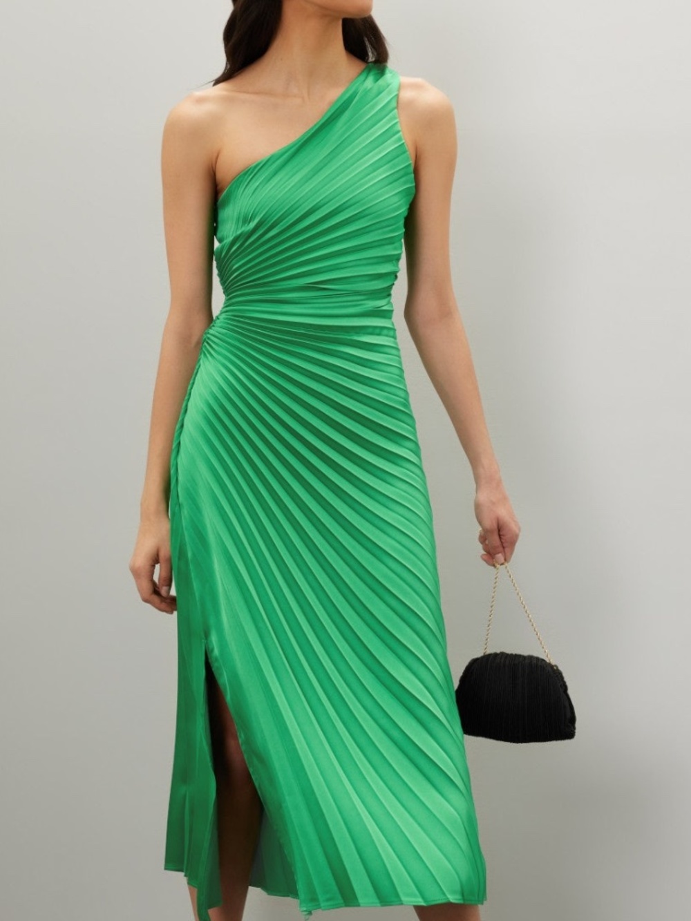 Delfi Collective LEAH Pleated One Shoulder Green Hunter Midi Dress - Small